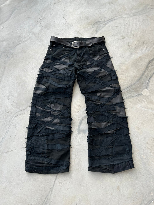 111BLACK BAGGY DISTRESSED LEATHER HEAVY DENIM PANTS